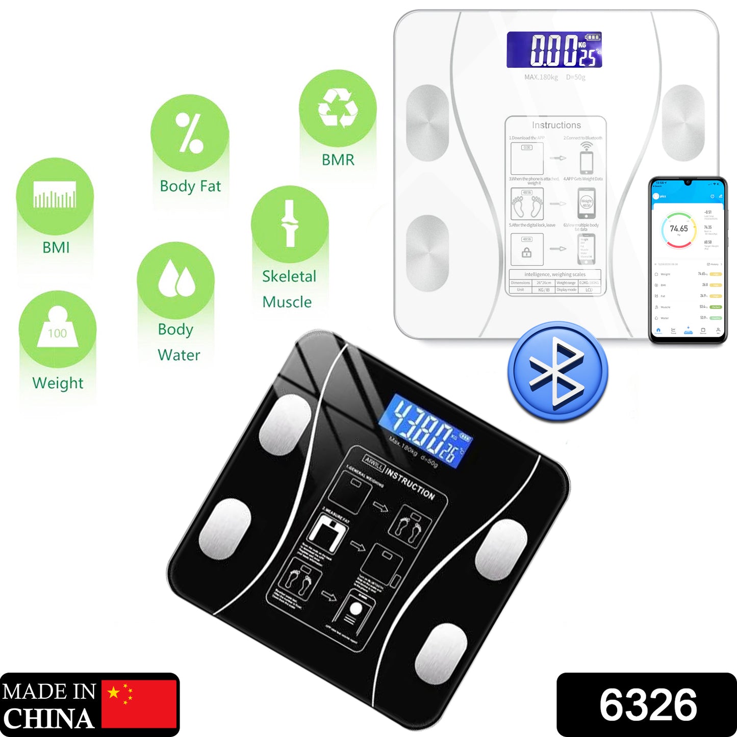 6326 Bluetooth Body Fat Scale Digital Smart Body Weight Scale Ios And Android App To Manage Body Weight Body Fat Water Muscle Mass Bmi Bmr Bone Mass And Visceral Fat With Bmi Scale